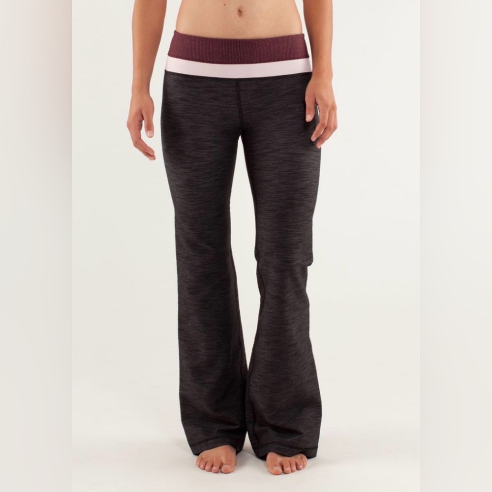 lululemon athletica Charcoal Space-Dye Groove Flare Pants with Maroon Waistband
